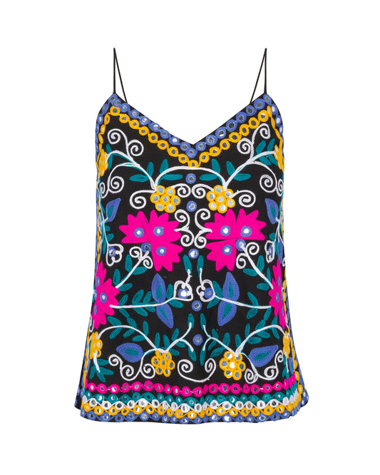 Plumeria Embroidered Cami - Black