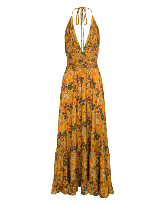 Amber Blossom Halter Maxi Dress - Gold