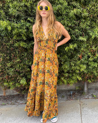 Amber Blossom Halter Maxi Dress - Gold